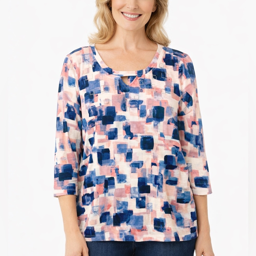 Allison Daley abstract‎ soft Multicolor Blue Coral Yellow Print Top XL